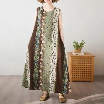 Новое хлопковое винтажное платье с цветочным принтом без рукавов больших размеров для женщин, повседневное свободное длинное летнее платье L