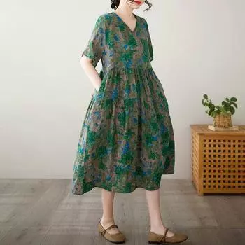 Новое хлопковое винтажное платье с цветочным принтом больших размеров с коротким рукавом для женщин, повседневное свободное длинное летнее платье M