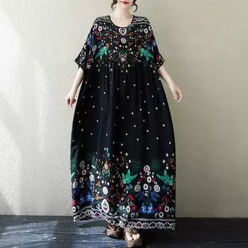 Новое хлопковое винтажное платье с цветочным принтом больших размеров с коротким рукавом для женщин, повседневное свободное длинное летнее платье чёрный