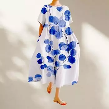 Новое хлопковое винтажное платье с цветочным принтом больших размеров с коротким рукавом для женщин, повседневное свободное длинное летнее платье L