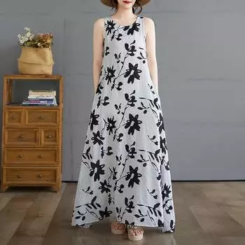 Новое хлопковое винтажное платье с цветочным принтом без рукавов больших размеров для женщин, повседневное свободное длинное летнее платье M