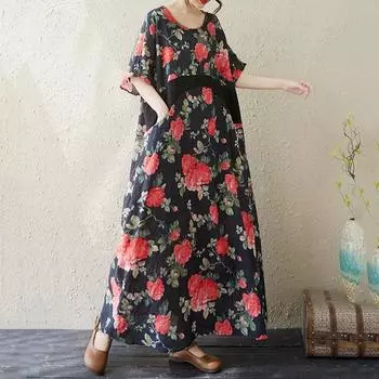 Новое хлопковое винтажное платье с цветочным принтом больших размеров с коротким рукавом для женщин, повседневное свободное длинное летнее платье
