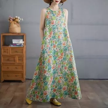 Новое хлопковое винтажное платье с цветочным принтом без рукавов больших размеров для женщин, повседневное свободное длинное летнее платье M