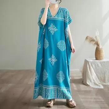 Новое хлопковое винтажное платье с цветочным принтом больших размеров с коротким рукавом для женщин, повседневное свободное длинное летнее платье озеро синий