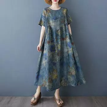 Новое хлопковое винтажное платье с цветочным принтом больших размеров с коротким рукавом для женщин, повседневное свободное длинное летнее платье L