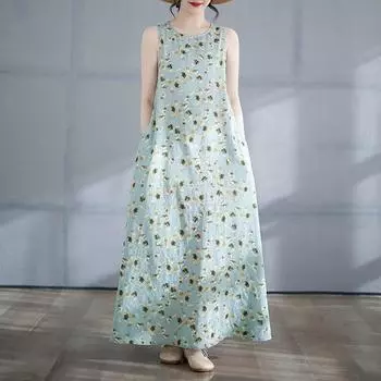 Новое хлопковое винтажное платье с цветочным принтом без рукавов больших размеров для женщин, повседневное свободное длинное летнее платье M