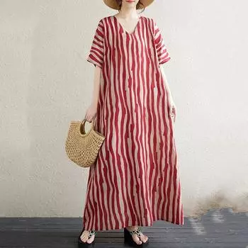 Новое хлопковое винтажное платье в полоску с коротким рукавом больших размеров для женщин, повседневное свободное длинное летнее платье красный