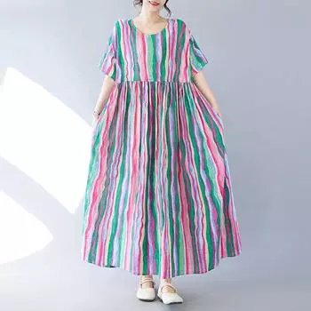 Новое хлопковое винтажное платье в полоску с коротким рукавом больших размеров для женщин, повседневное свободное длинное летнее платье
