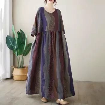 Новое хлопковое винтажное платье в полоску с коротким рукавом больших размеров для женщин, повседневное свободное длинное летнее платье