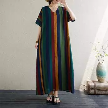 Новое хлопковое винтажное платье в полоску с коротким рукавом больших размеров для женщин, повседневное свободное длинное летнее платье