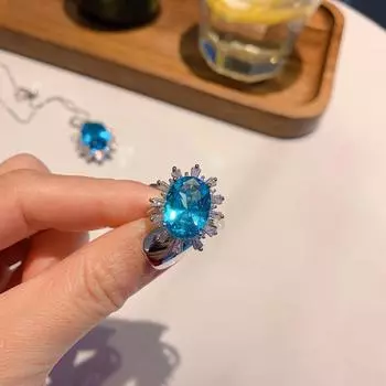 Новое имитация принцессы квадратный морской голубой топаз полное бриллиантовое цветное сокровище открытое кольцо роскошное ожерелье с подвеской