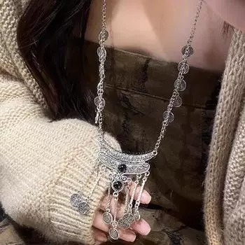 Новое китайское этническое ожерелье с длинной бахромой в стиле Мяо Цзян, старинное ханьфу с нарядом для лошадей, ретро-аксессуары для женщин