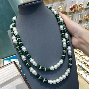 Новое китайское двухслойное зеленое глазурованное жемчужное ожерелье в стиле ретро для женщин, универсальный темперамент, длинная цепочка для свитера