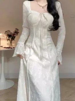 Новое китайское национальное платье в классном стиле с завышенной талией и длинными рукавами, сексуальная длинная юбка с кружевом и улучшенным ощущением S бежевый