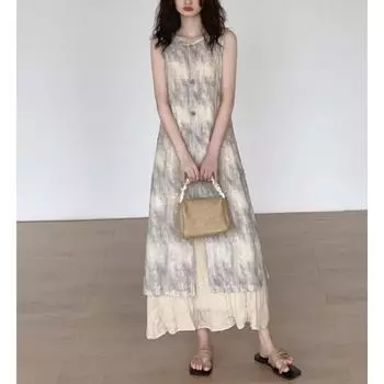 Новое китайское платье без рукавов без рукавов для детей, стройнящее, имитация двухсекционного платья, летнее, средней длины S