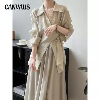 Новое китайское платье-рубашка, женская летняя рубашка с галстуком, костюм с юбкой до половины тела M бежевый