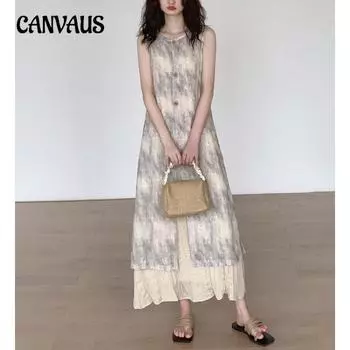 Новое китайское платье-жилет без рукавов, женское тонкое платье на животе, ложное платье из двух частей, летние платья средней длины S