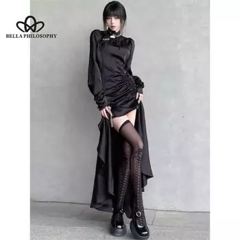 Новое китайское сексуальное платье с высоким разрезом и нишей в стиле ретро с узкой талией и бедрами, черное плиссированное платье нерегулярной формы с длинными рукавами S чёрный