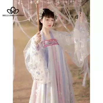 Новое китайское стильное ретро античное темпераментное нежное изысканное оригинальное платье Hanfu с длинными рукавами и принтом с вышивкой XS белый