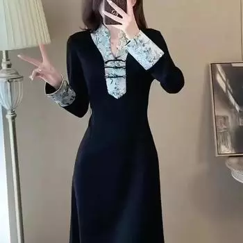 Новое китайское стильное супер красивое платье в китайском стиле для женщин на раннюю весну. Высококачественное ощущение в сочетании с тонкой повседневной юбкой. L чёрный