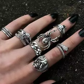 Новое кольцо из семи частей в стиле хэви-метал, темный ветер, хип-хоп, ретро, старый паук, змея, череп летучей мыши, двуглавая змея серебряный