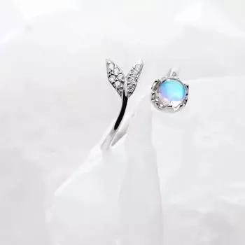 Новое кольцо из стерлингового серебра 925 пробы с хвостом русалки и лунным камнем, регулируемый размер, изящные ювелирные изделия для женщин, элегантные аксессуары для вечеринок Jz459 Resizable