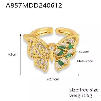 Новое кольцо с бриллиантом в виде бабочки, модный и элегантный дизайн, медный материал, покрытый 18-каратным золотом No. 7