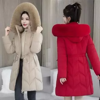 Новое корейское пуховое хлопковое пальто для женщин, длинная зимняя парка из пуховика, утолщенная теплая куртка с капюшоном и хлопковой подкладкой, пальто на молнии M кофейный
