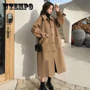 Новое корейское шерстяное пальто на осень и зиму, женское классическое двубортное пальто в стиле ретро, свободное и тонкое, среднее и длинное шерстяное пальто XL