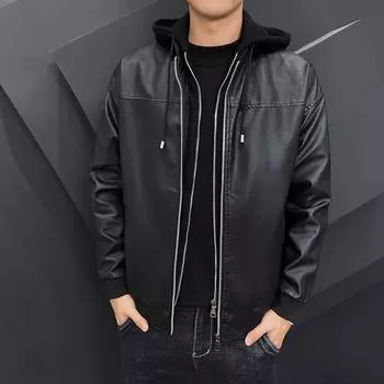 Новое/кожаное пальто, мужская свободная кожаная куртка с капюшоном, мотоциклетное повседневное мужское хлопковое утолщенное пальто L чёрный