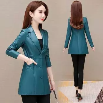 Новое кожаное пальто, женское осенне-зимнее модное кожаное пальто средней длины с воротником-поло, женская одежда XXXXXXL