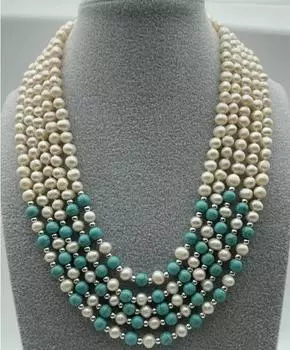 Новое красивое 5-рядное ожерелье из бирюзово-белого натурального пресноводного жемчуга 6-7 мм.