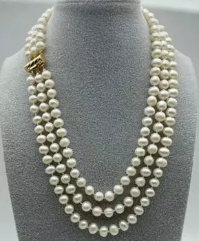 Новое красивое и модное 3-рядное ожерелье из натурального пресноводного белого жемчуга диаметром 7–8 мм, 17–19 дюймов.