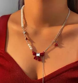 Новое красное бархатное ожерелье с бантом, маленькое роскошное женское ожерелье с жемчугом и темпераментом, подарок на вечеринку