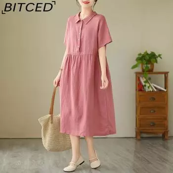 Новое льняное платье, женский пуловер, однотонные хлопковые льняные платья средней длины с короткими рукавами M розовый