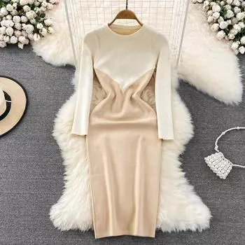 Новое легкое осенне-зимнее легкое платье с круглым вырезом и контрастным цветом в знакомом стиле, облегающее, облегающее, вязаное, на бедрах, платье One Size чёрный