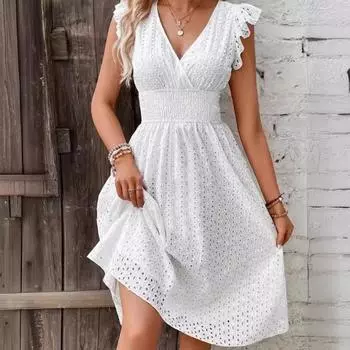 Новое летнее элегантное белое платье без рукавов с рюшами, женское кружевное платье с V-образным вырезом и высокой талией, женское элегантное повседневное платье, женская одежда 24364 S белый