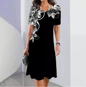 Новое летнее элегантное платье с цветочным принтом для женщин, с круглым вырезом, короткими рукавами, повседневное, свободное, удобное, винтажное, длинное женское платье XL