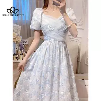 Новое летнее элегантное платье с короткими рукавами во французском стиле в стиле ретро. Элегантное длинное платье с пышными рукавами и принтом высокого класса. S бежевый