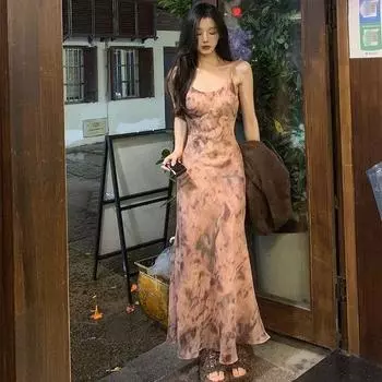 Новое летнее элегантное платье с высокой талией с принтом и принтом «рыбий хвост» на талии, новинка, во французском стиле S коричневый