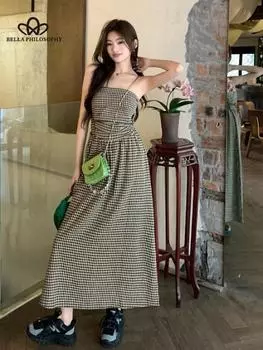Новое летнее элегантное платье средней длины в клетку без бретелек для женщин, повседневное элегантное длинное платье для пляжной вечеринки S