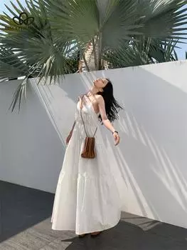 Новое летнее белое праздничное пляжное платье для путешествий, свободное утягивающее платье-комбинация в стиле ретро, повседневное элегантное платье S белый
