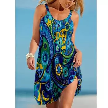 Новое летнее бохо сексуальное пляжное 3D печатное женское безрукавное гавайское пляжное платье с перевязью S