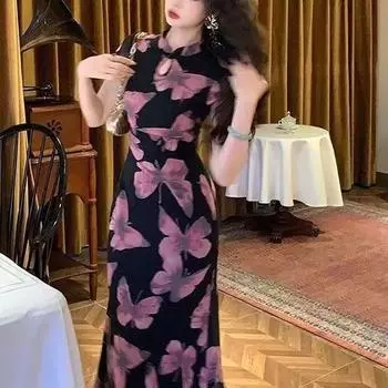 Новое летнее ципао с принтом китайских бабочек - Платье с коротким рукавом и длинное L