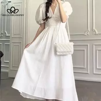 Новое летнее длинное платье во французском стиле Хепберн, платье с пышными рукавами, женское повседневное вечернее платье S синий