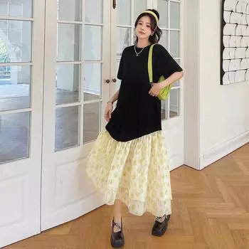 Новое летнее двухслойное длинное платье большого размера премиум-класса с короткими рукавами и нерегулярными женскими платьями L чёрный