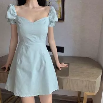 Новое летнее французское романтическое элегантное платье с квадратным вырезом и запахом на талии, со свободными рукавами S зелёный