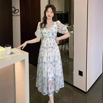 Новое летнее французское шифоновое платье в стиле ретро с цветочным принтом для перерыва на чай, платье с v-образным вырезом и короткими рукавами, повседневное пляжное платье S синий
