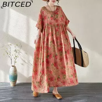 Новое летнее хлопково-льняное платье женское, летняя длинная юбка Yangqi, свободная, женская, больших ярдов One Size красный