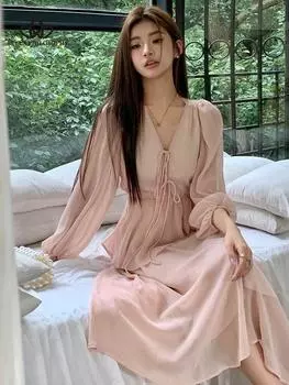 Новое летнее и осеннее платье средней длины, женское струящееся платье с рукавами-фонариками и v-образным вырезом на шнуровке с длинными рукавами S розовый